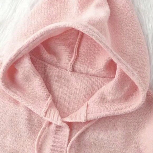 Baby Pink Casual Women's Button down Long Sleeve Drawstring Hooded Knit Cardigan - Picture 3 of 3